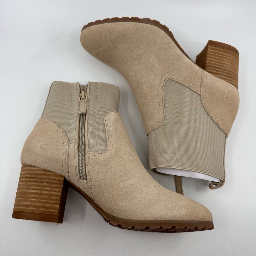 Violet & Red Loaded Knit Cuff Bootie Block Heel Faux Suede Tan Womens Size US5.5 - Picture 3 of 7